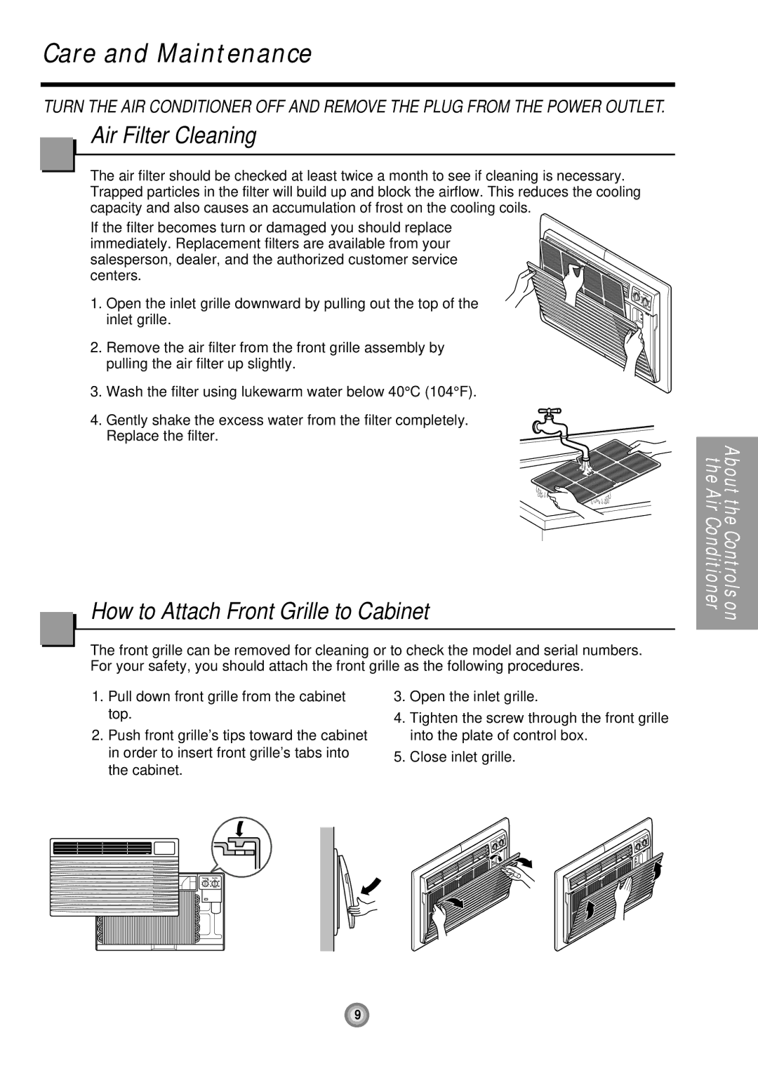 LG Electronics LXA1230ACL, LXA1030ACL Care and Maintenance, Air Filter Cleaning, How to Attach Front Grille to Cabinet 