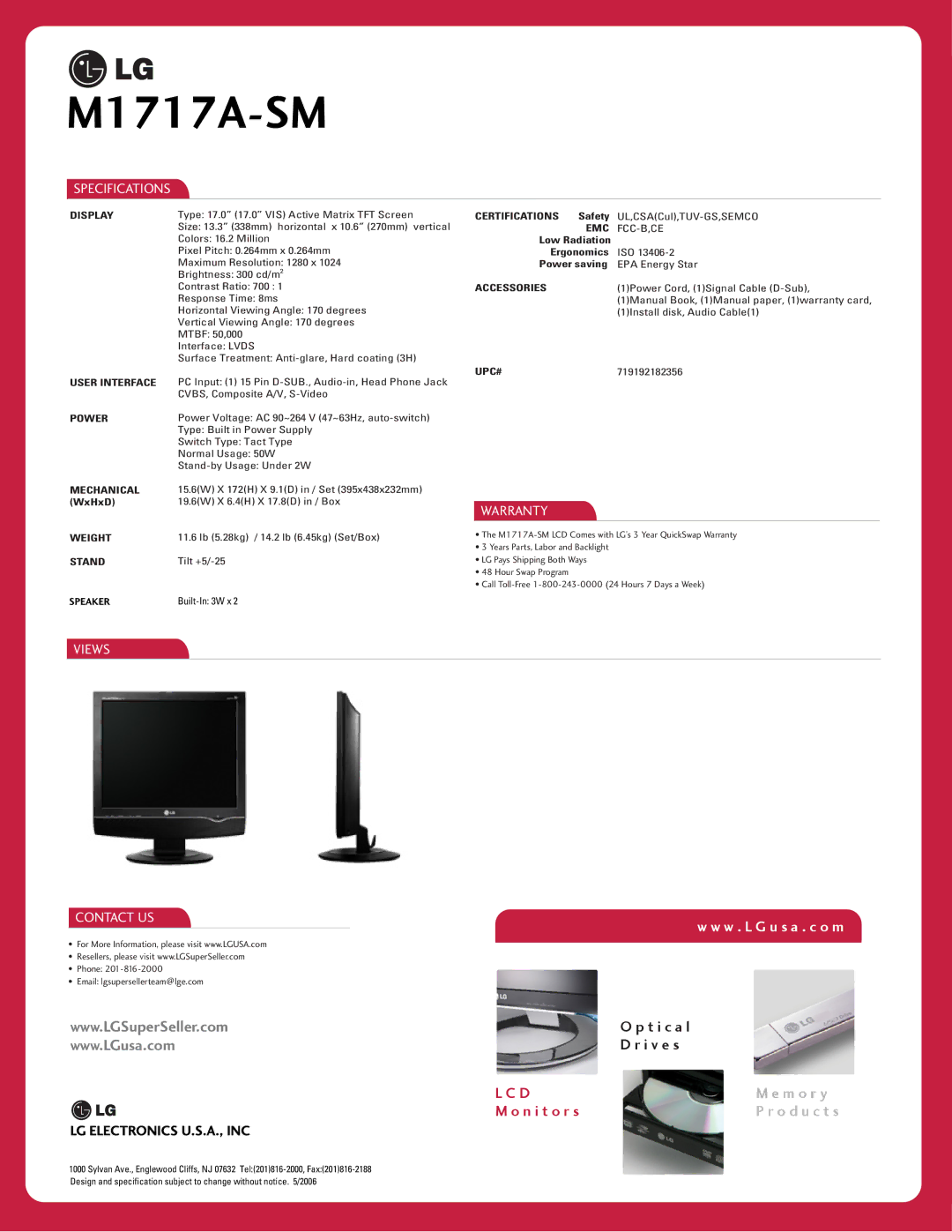 LG Electronics M1717A-SM manual Specifications, Views, Warranty, Contact US 