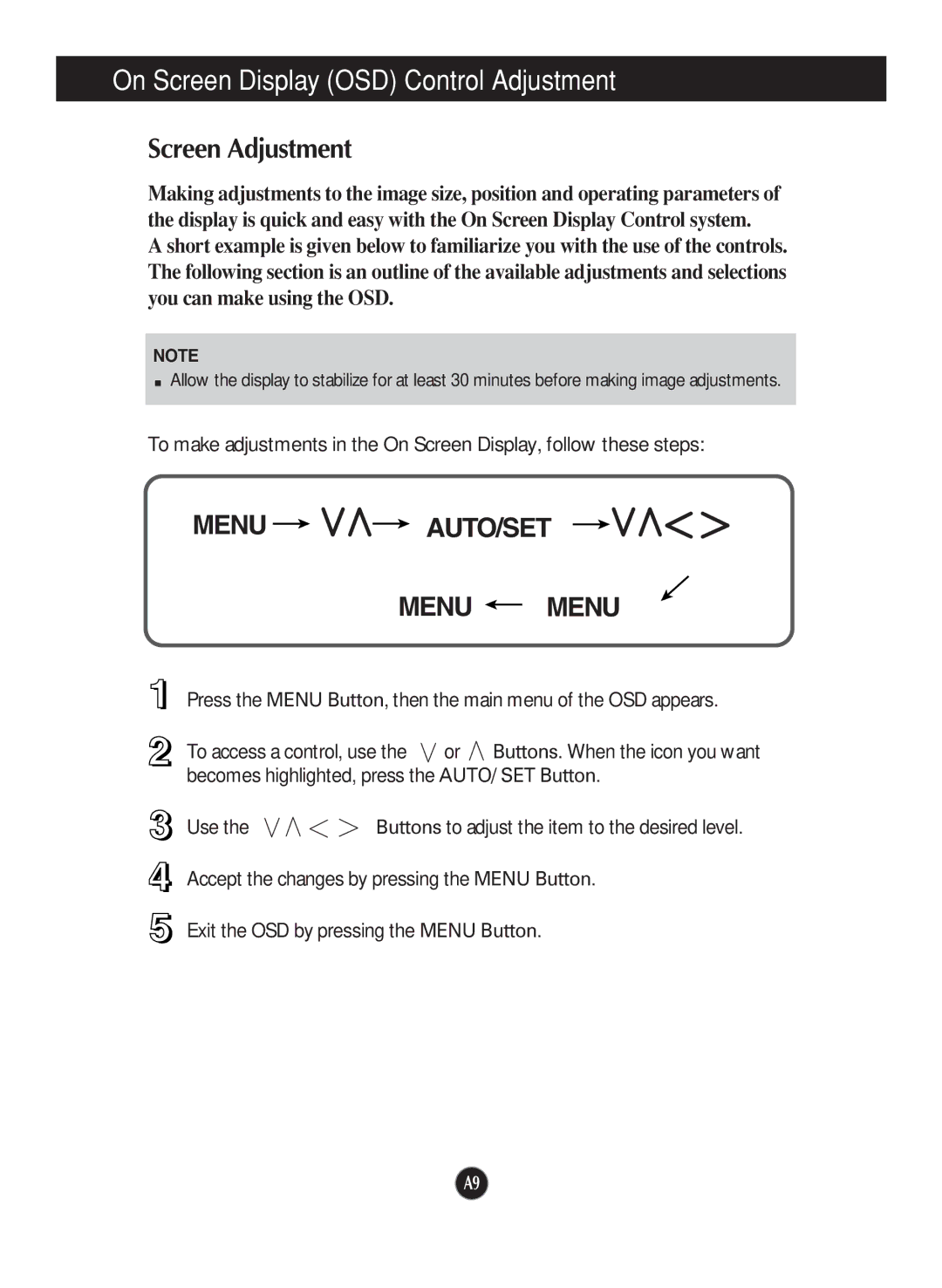 LG Electronics M1717S, M1917S manual On Screen Display OSD Control Adjustment, Screen Adjustment 