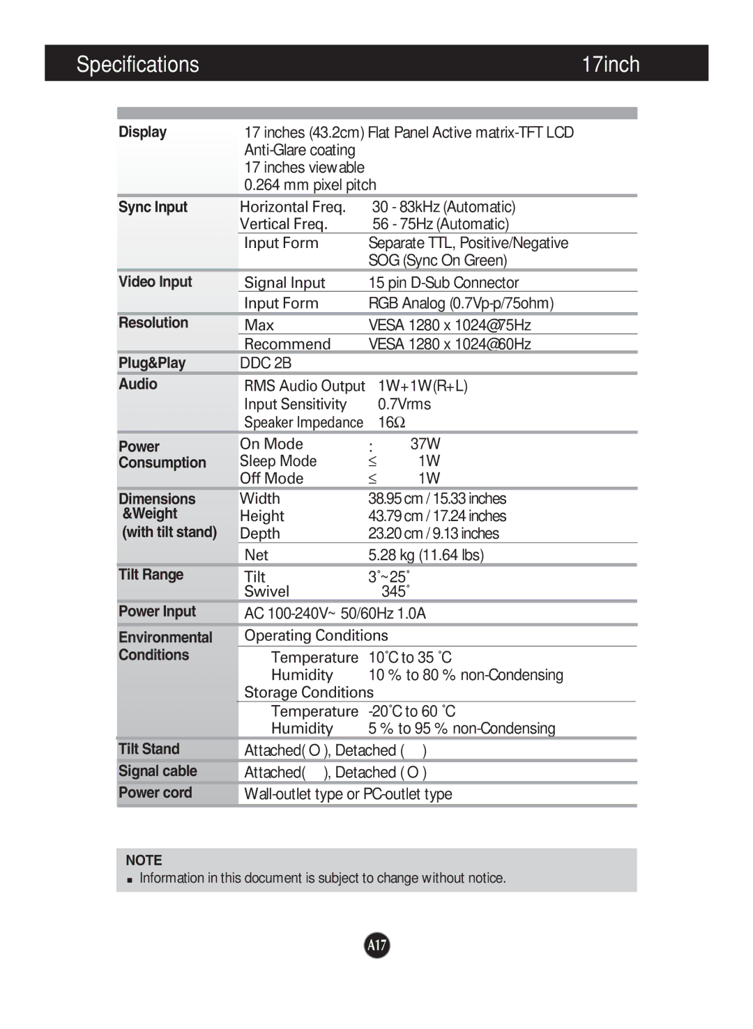 LG Electronics M1717S, M1917S manual Specifications 17inch 