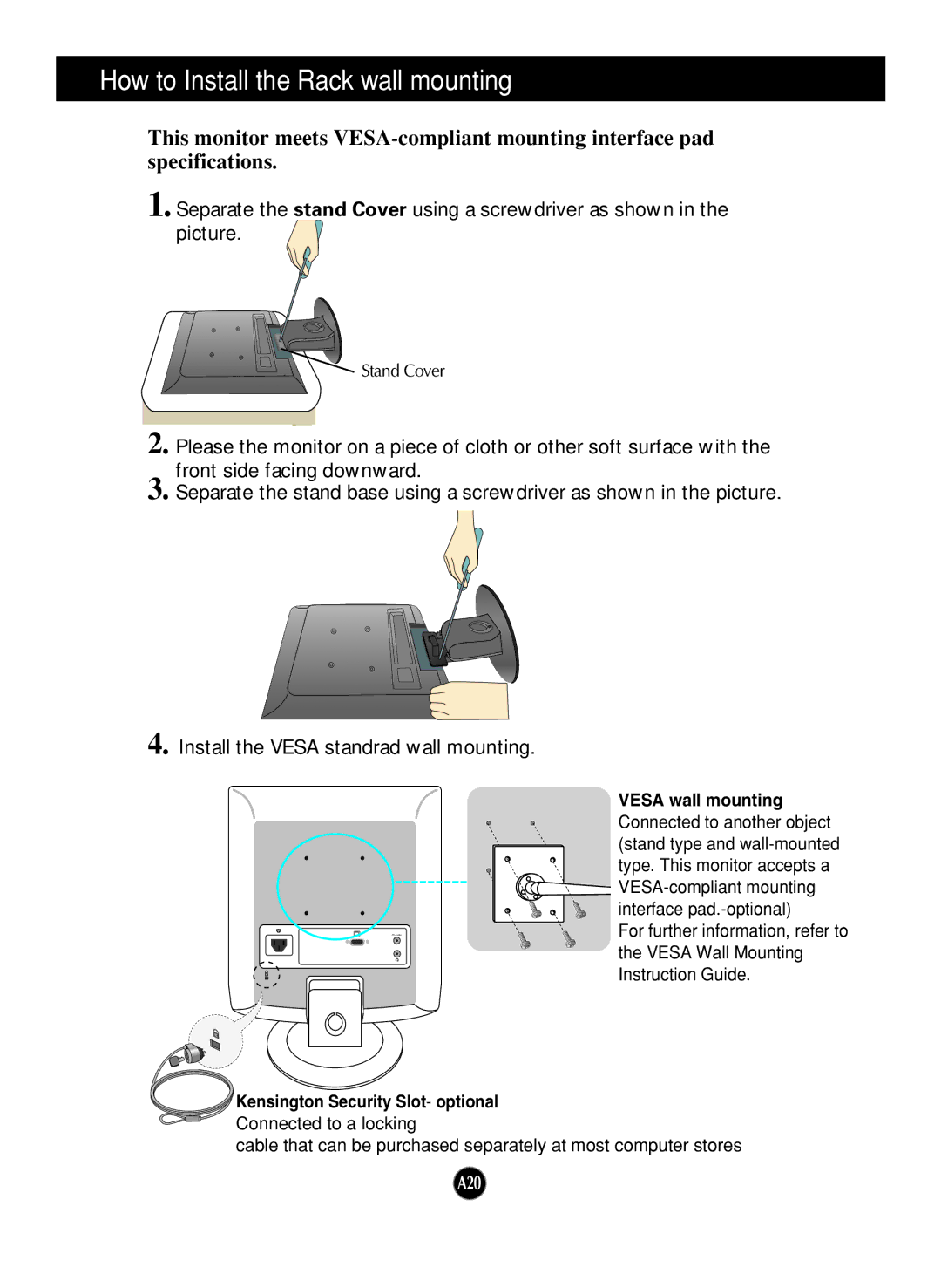 LG Electronics M1917S manual How to Install the Rack wall mounting, Vesa wall mounting, Kensington Security Slot- optional 