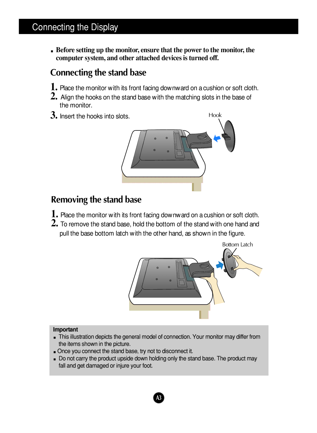 LG Electronics M1717S, M1917S manual Connecting the Display, Connecting the stand base, Removing the stand base 