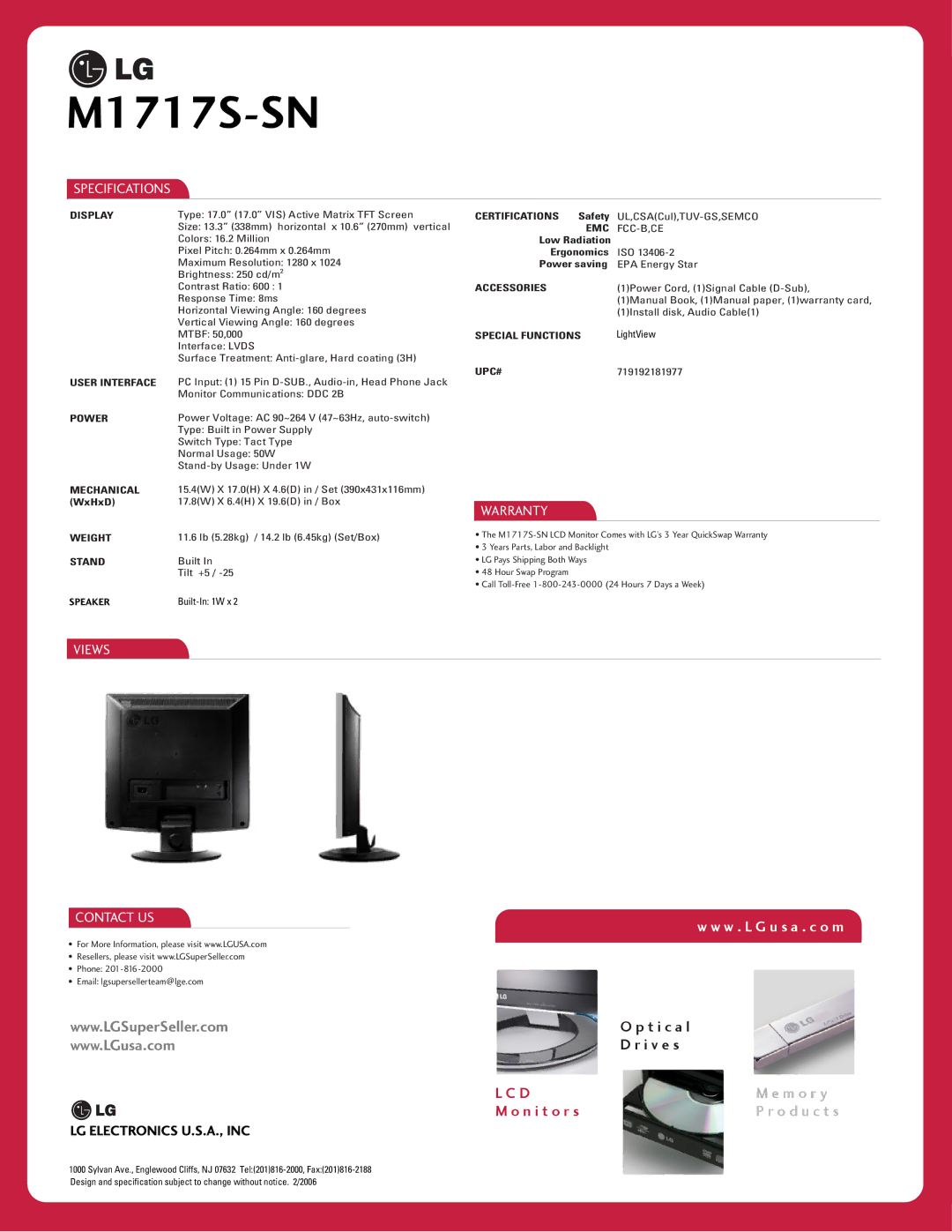 LG Electronics M1717S-SN manual Specifications, Views, Warranty, Contact US 