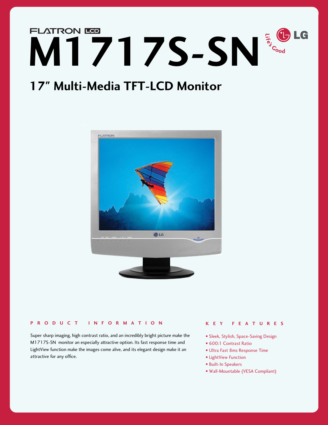 LG Electronics M1717S-SN manual Multi-Media TFT-LCD Monitor, P R O D U C T I N F O R M A T I O N, K E Y F E A T U R E S 