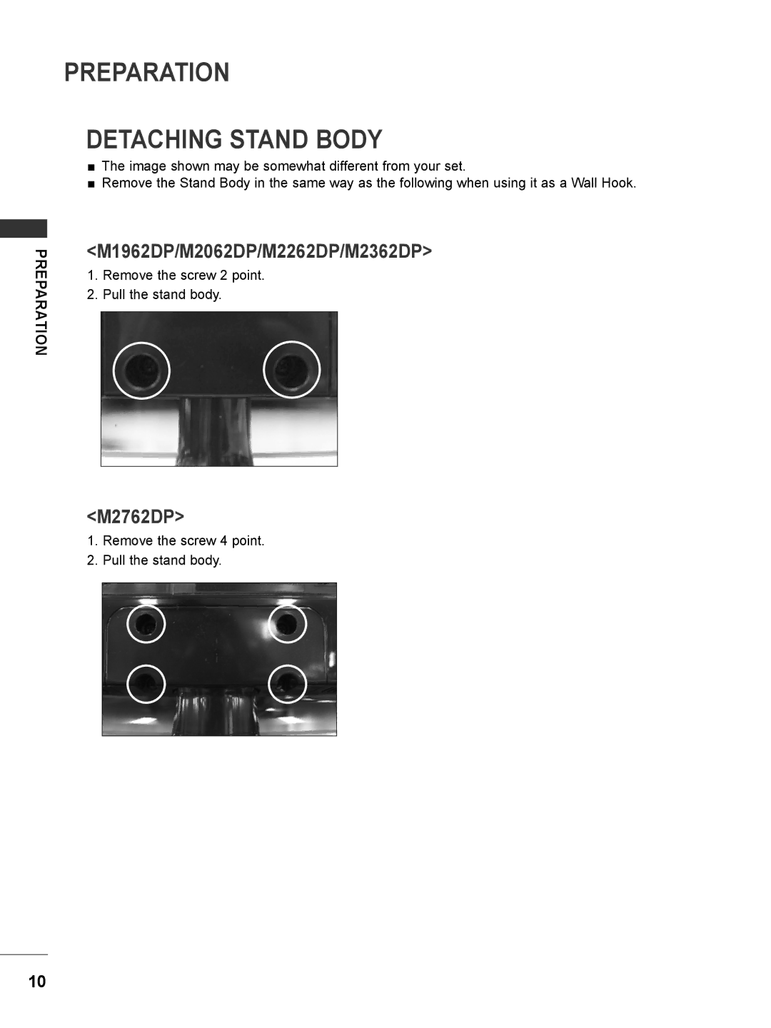 LG Electronics M1962DP, M2062DP owner manual Preparation Detaching Stand Body, Remove the screw 2 point Pull the stand body 