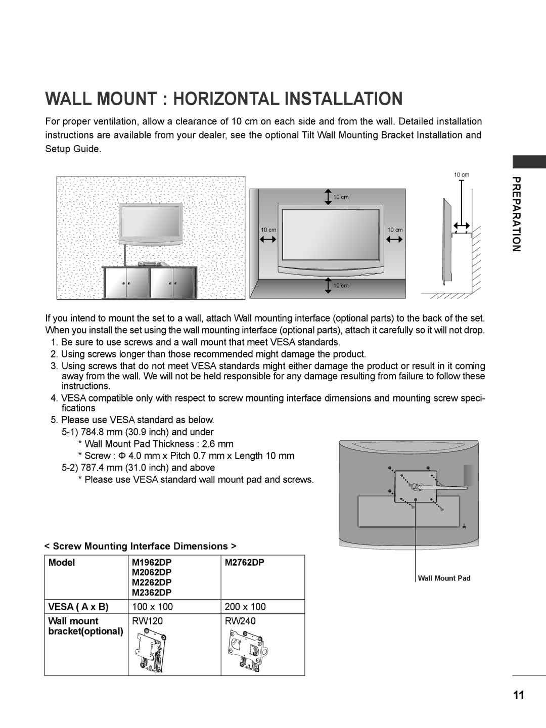 LG Electronics M2062DP, M1962DP owner manual Wall Mount Horizontal Installation, Screw Mounting Interface Dimensions, Model 