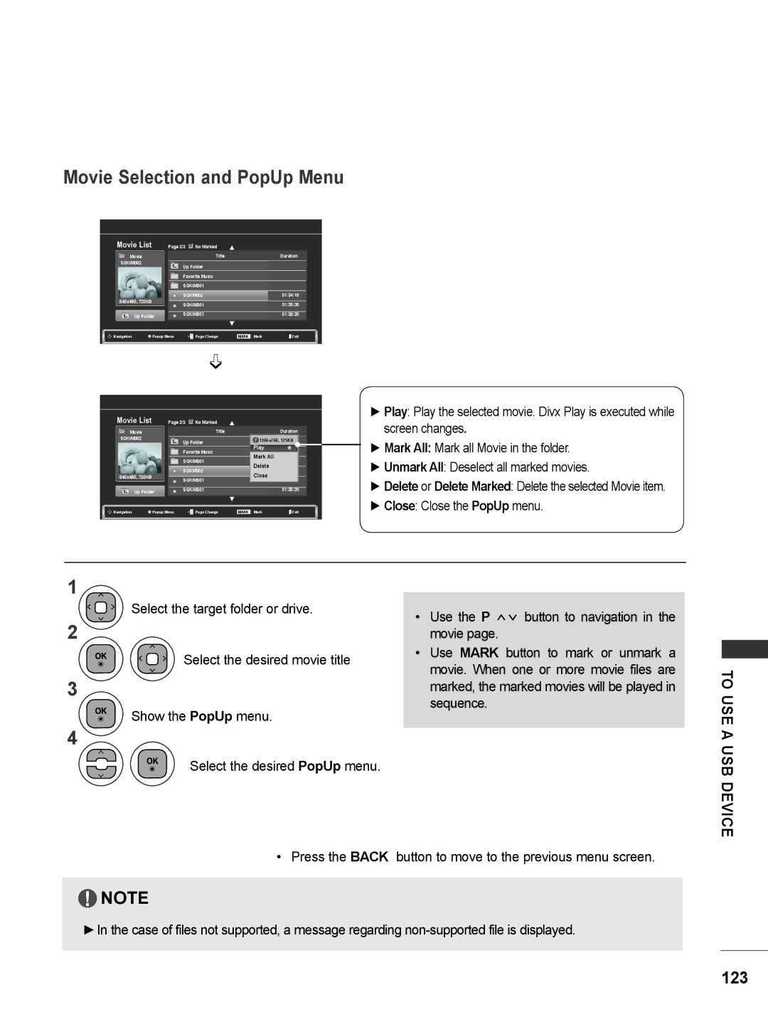 LG Electronics M2062DP, M1962DP owner manual Movie Selection and PopUp Menu, Movie List 