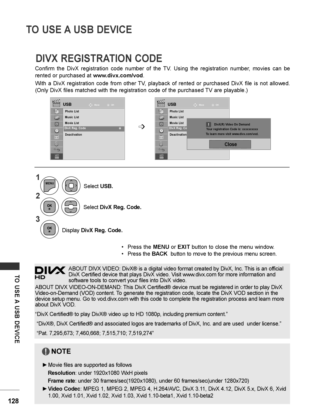 LG Electronics M1962DP, M2062DP To USE a USB Device Divx Registration Code, Select DivX Reg. Code Display DivX Reg. Code 