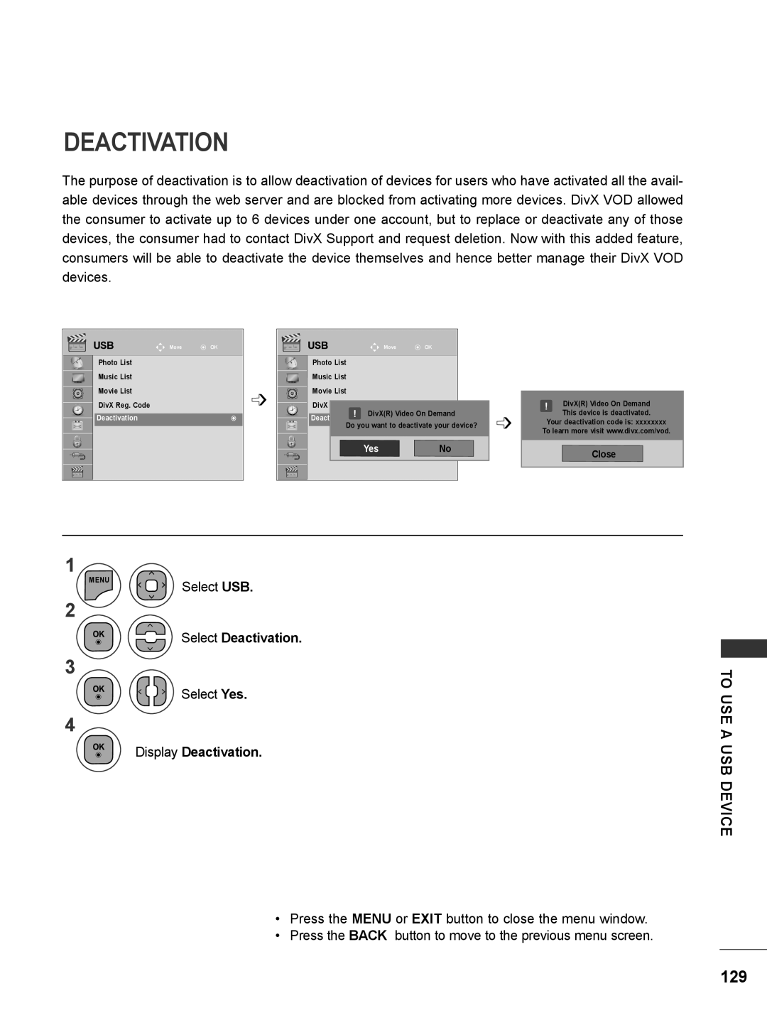 LG Electronics M2062DP, M1962DP owner manual Menu Select USB, Select Deactivation, Display Deactivation 