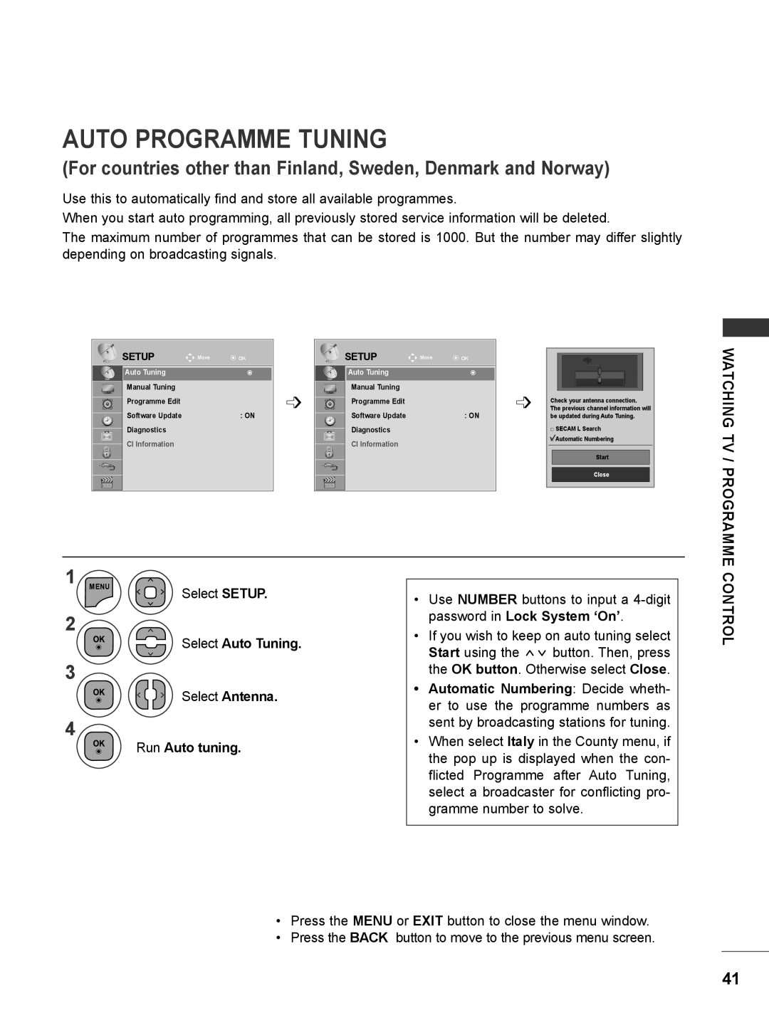 LG Electronics M2062DP, M1962DP Auto Programme Tuning, Select Auto Tuning Select Antenna, Password in Lock System ‘On’ 