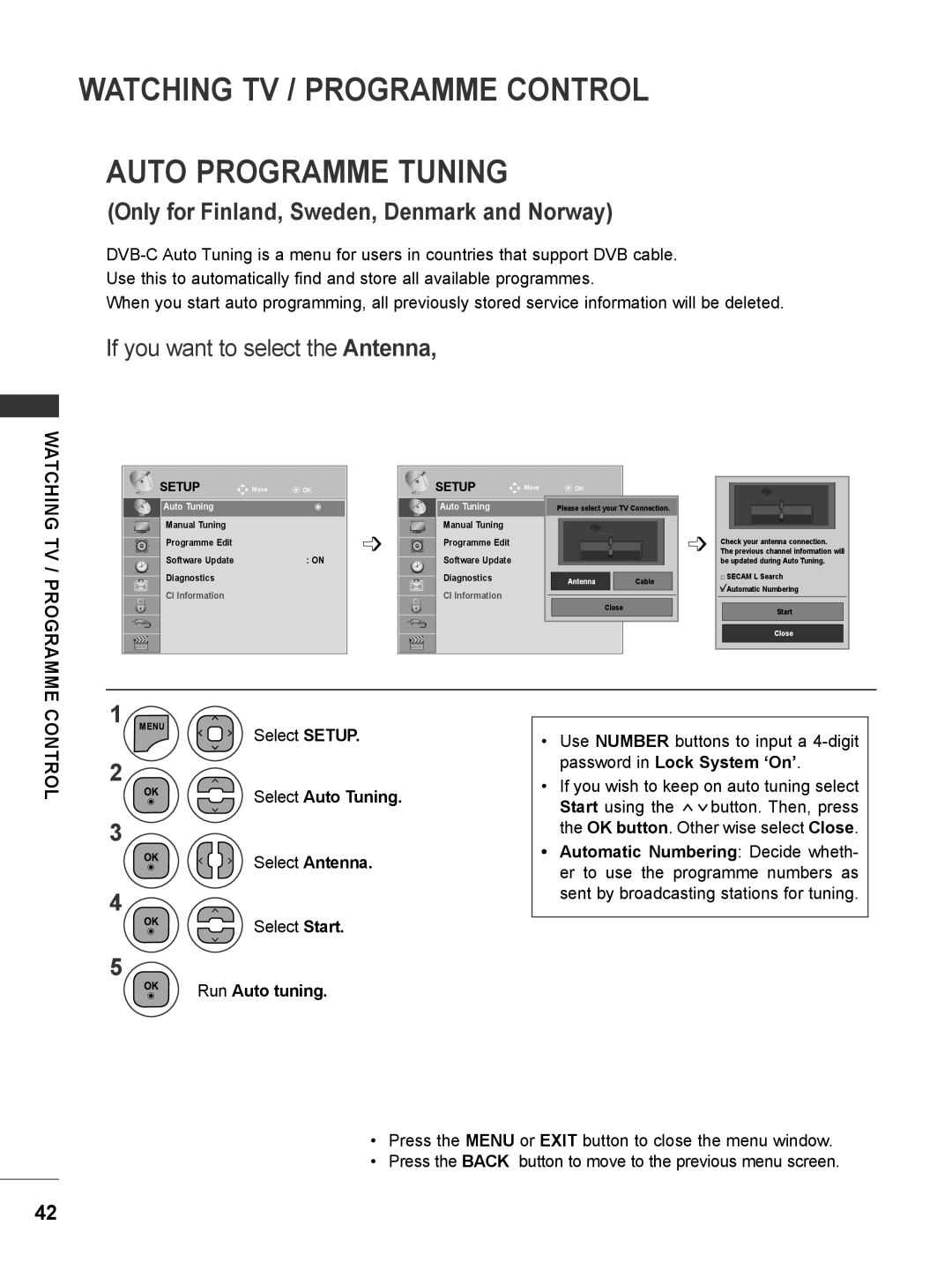 LG Electronics M1962DP Watching TV / Programme Control Auto Programme Tuning, Only for Finland, Sweden, Denmark and Norway 