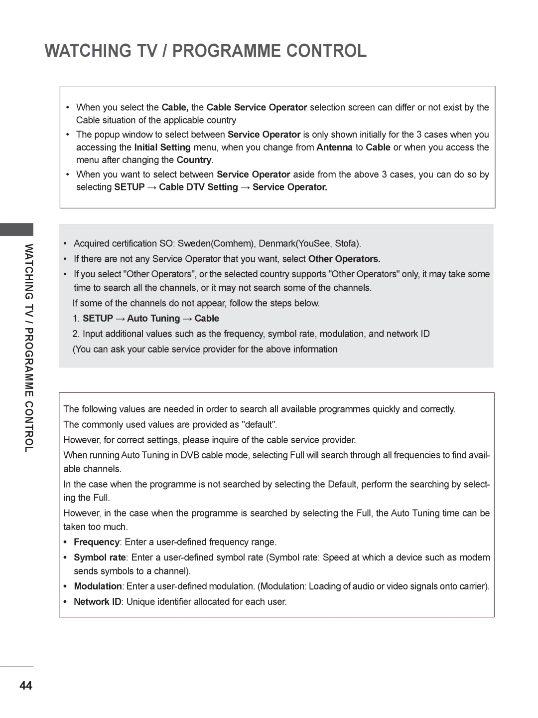 LG Electronics M1962DP, M2062DP owner manual Watching TV / Programme Control, Setup → Auto Tuning → Cable 