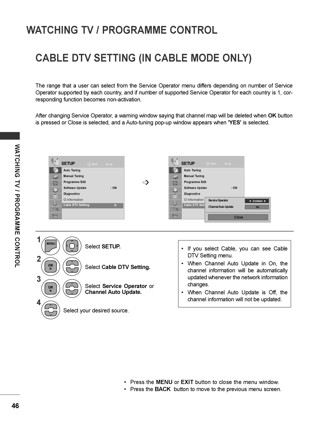 LG Electronics M1962DP If you select Cable, you can see Cable, DTV Setting menu, When Channel Auto Update in On, Changes 