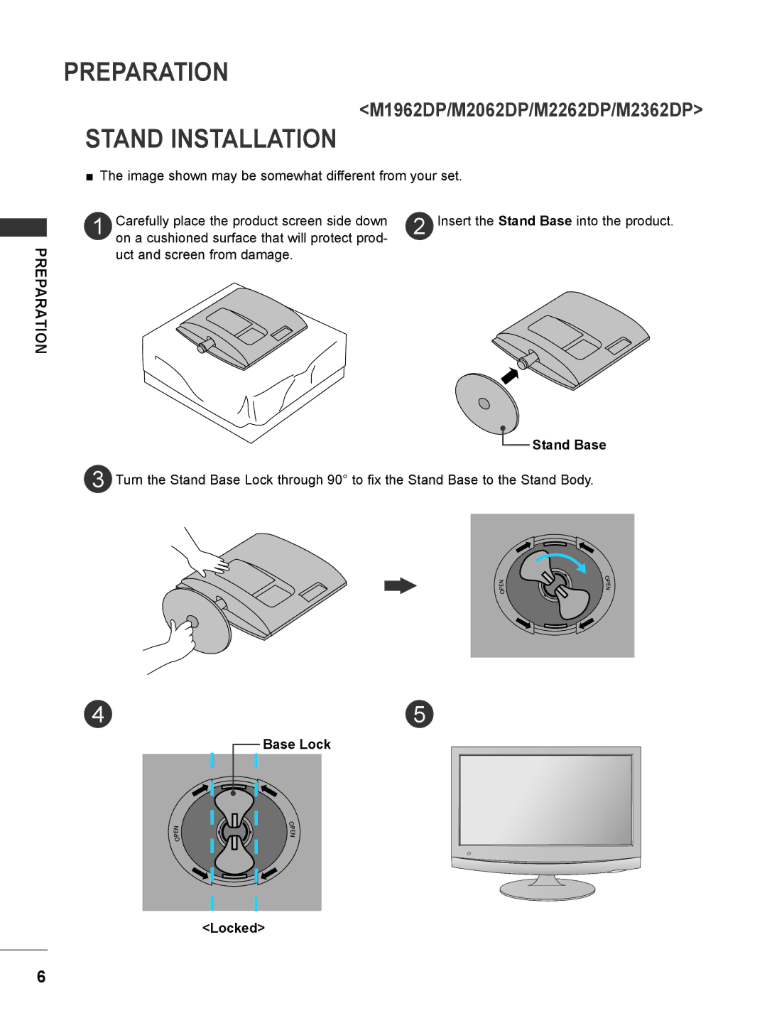 LG Electronics owner manual Preparation, Stand Installation, M1962DP/M2062DP/M2262DP/M2362DP, Stand Base, Locked 