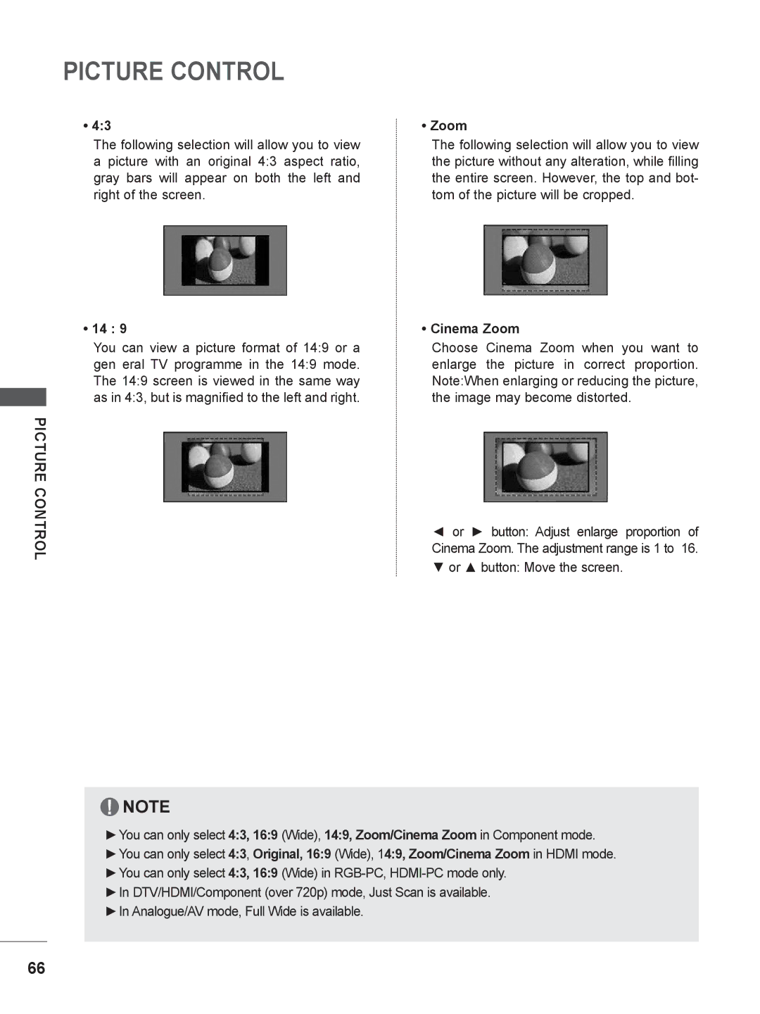 LG Electronics M1962DP, M2062DP owner manual Picture Control, Cinema Zoom 