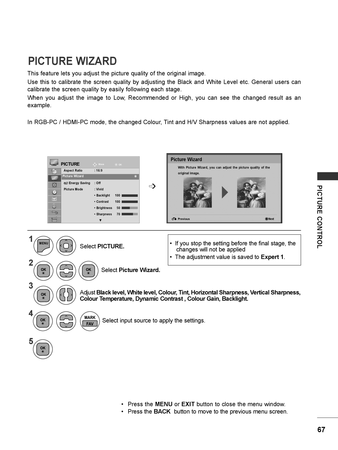 LG Electronics M2062DP Picture Wizard, Select Picture, Changes will not be applied, Adjustment value is saved to Expert 