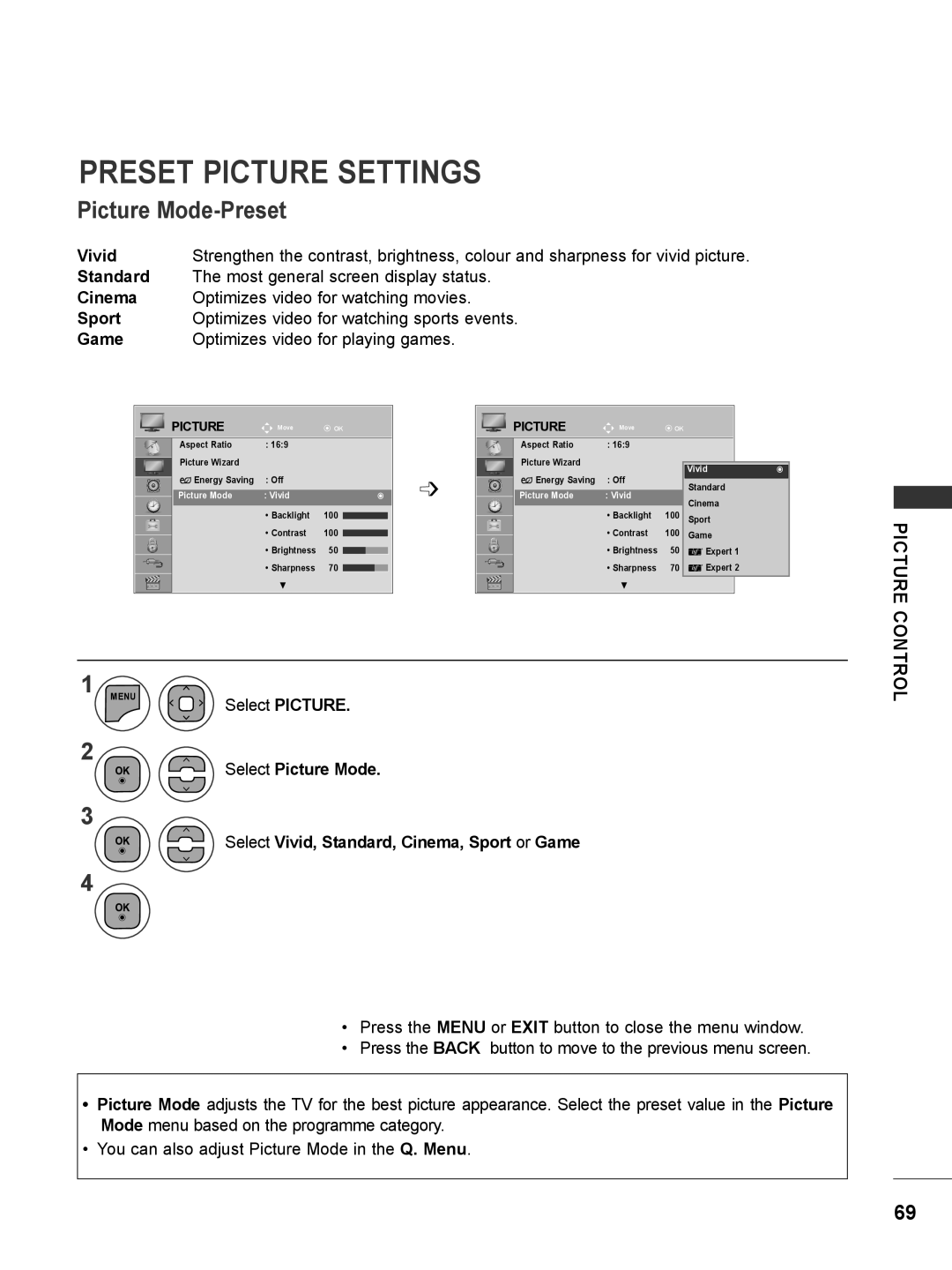 LG Electronics M2062DP, M1962DP owner manual Preset Picture Settings, Picture Mode-Preset, Vivid 