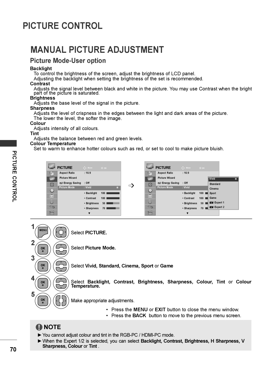 LG Electronics M1962DP, M2062DP owner manual Picture Control Manual Picture Adjustment, Picture Mode-User option 