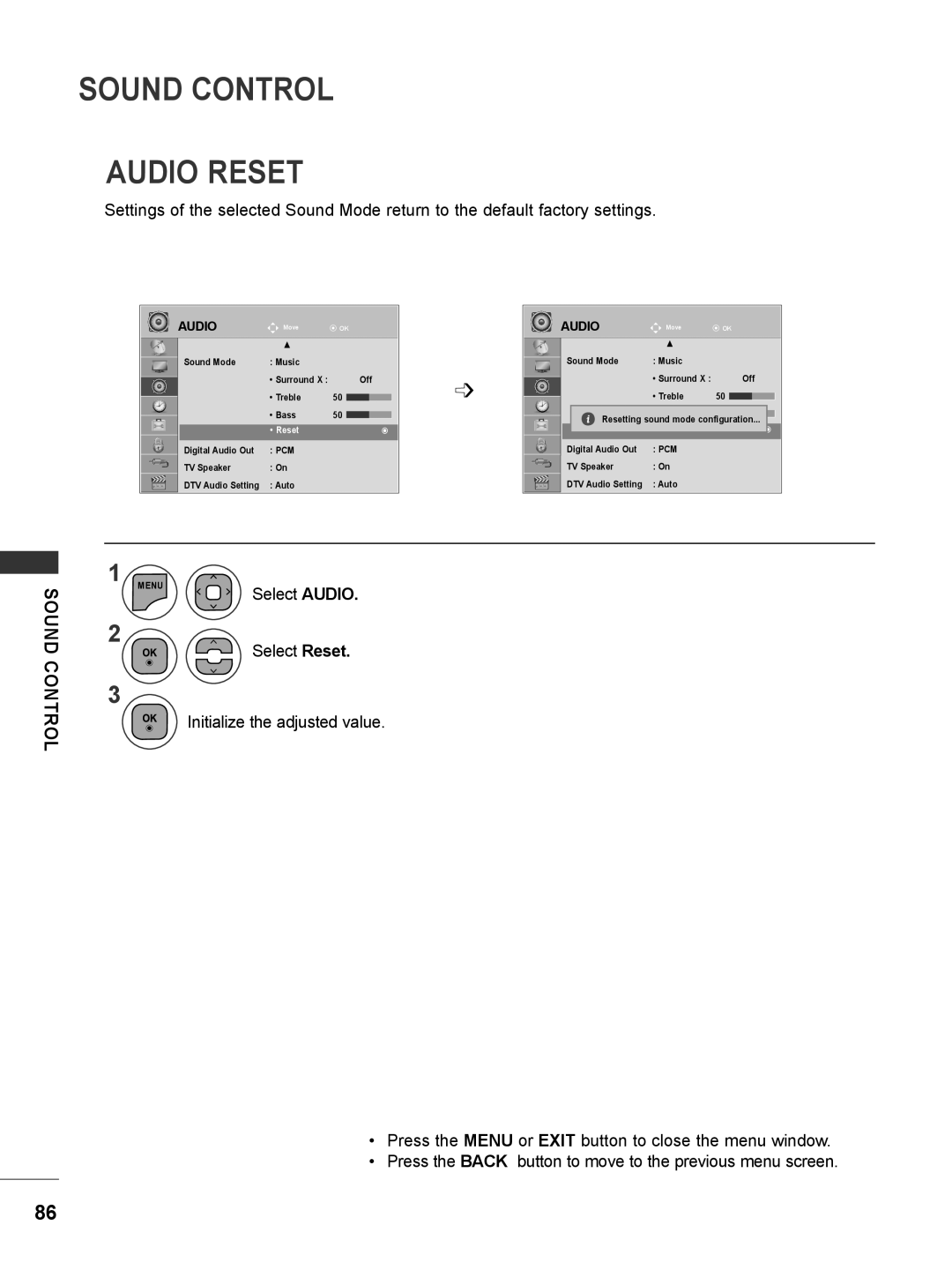 LG Electronics M1962DP, M2062DP owner manual Sound Control Audio Reset, Select Reset 