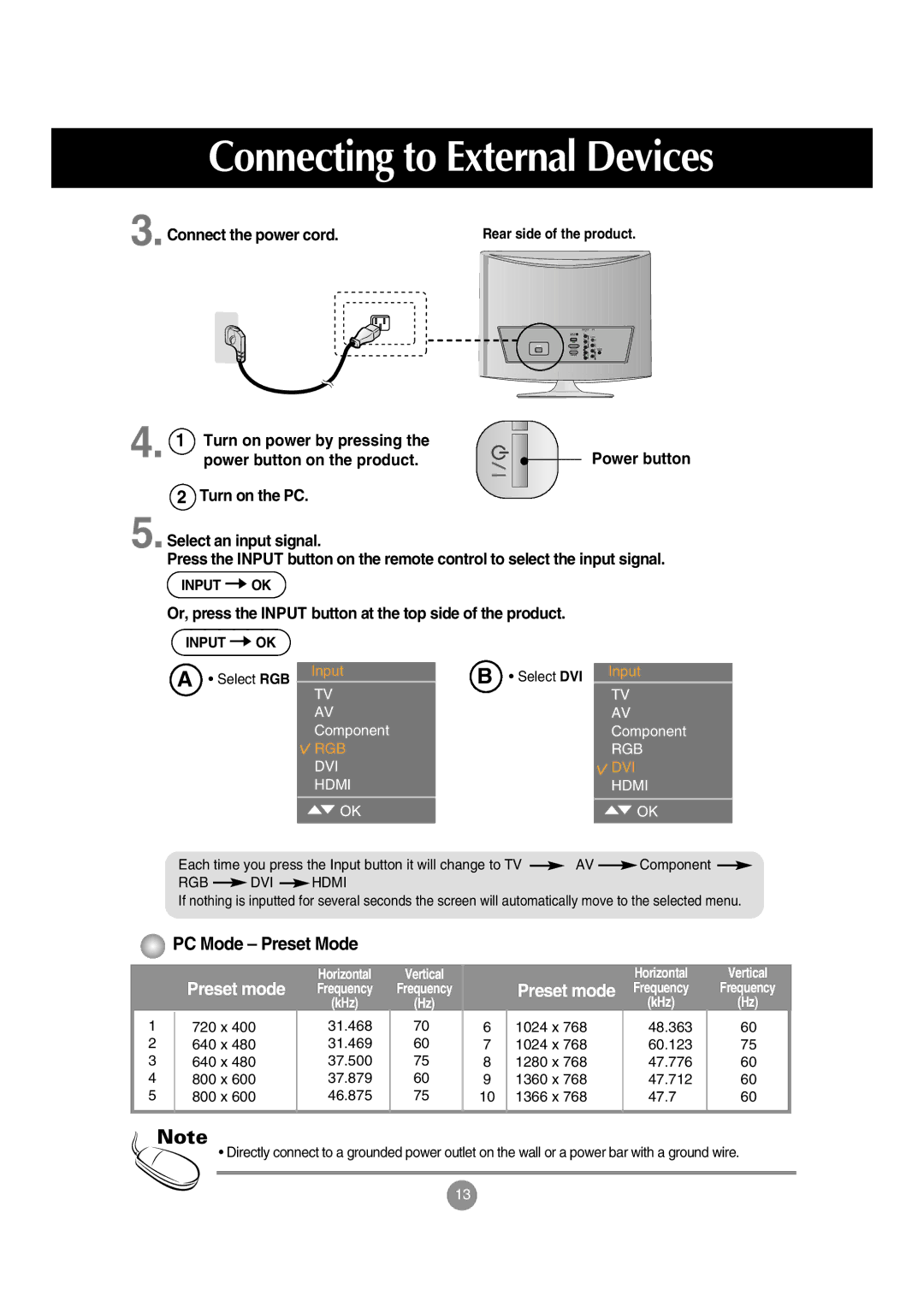 LG Electronics M197WA manual Or, press the Input button at the top side of the product, PC Mode Preset Mode 