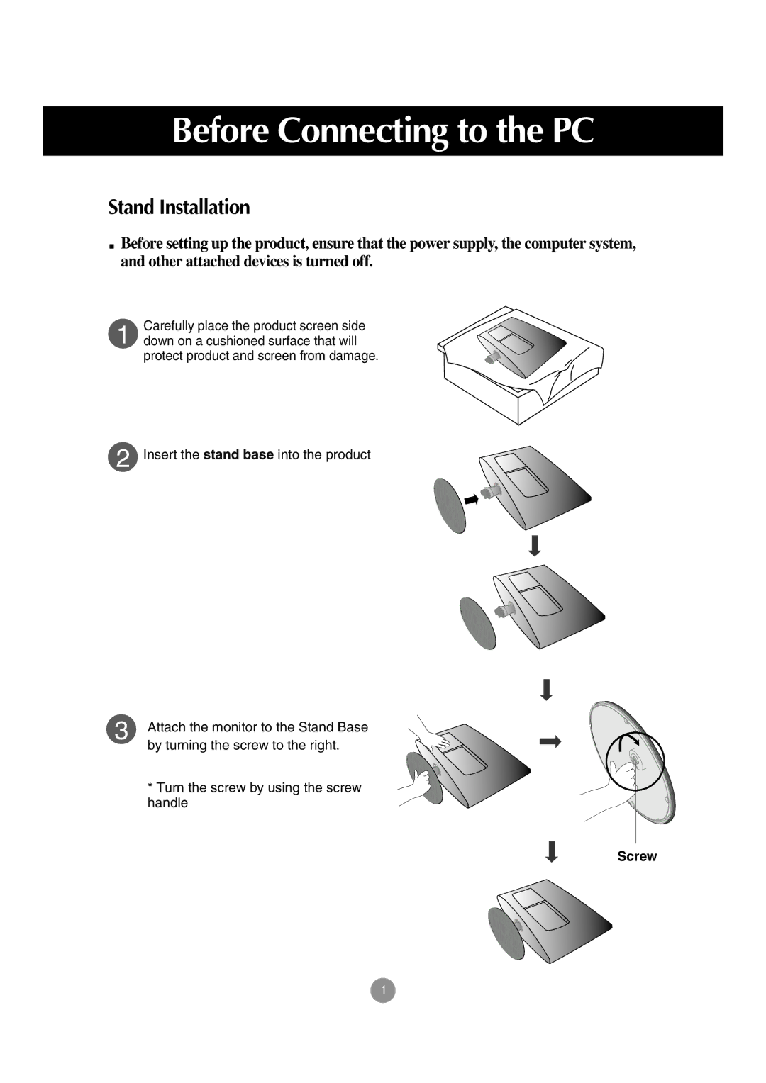 LG Electronics M197WA manual Before Connecting to the PC, Screw 