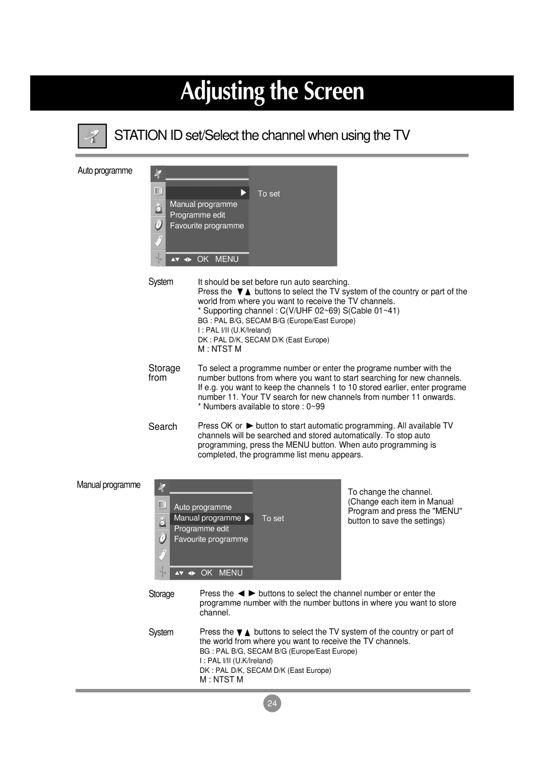 LG Electronics M197WA manual Station ID set/Select the channel when using the TV, System, Search, Storage from 