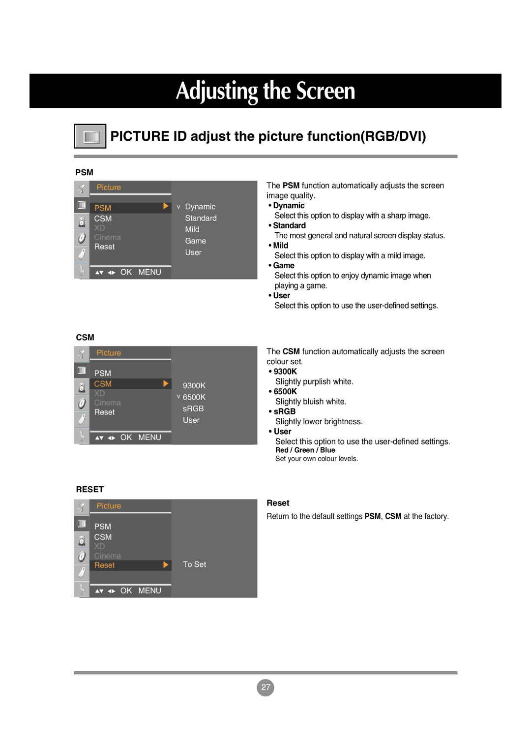 LG Electronics M197WA manual Picture ID adjust the picture functionRGB/DVI 