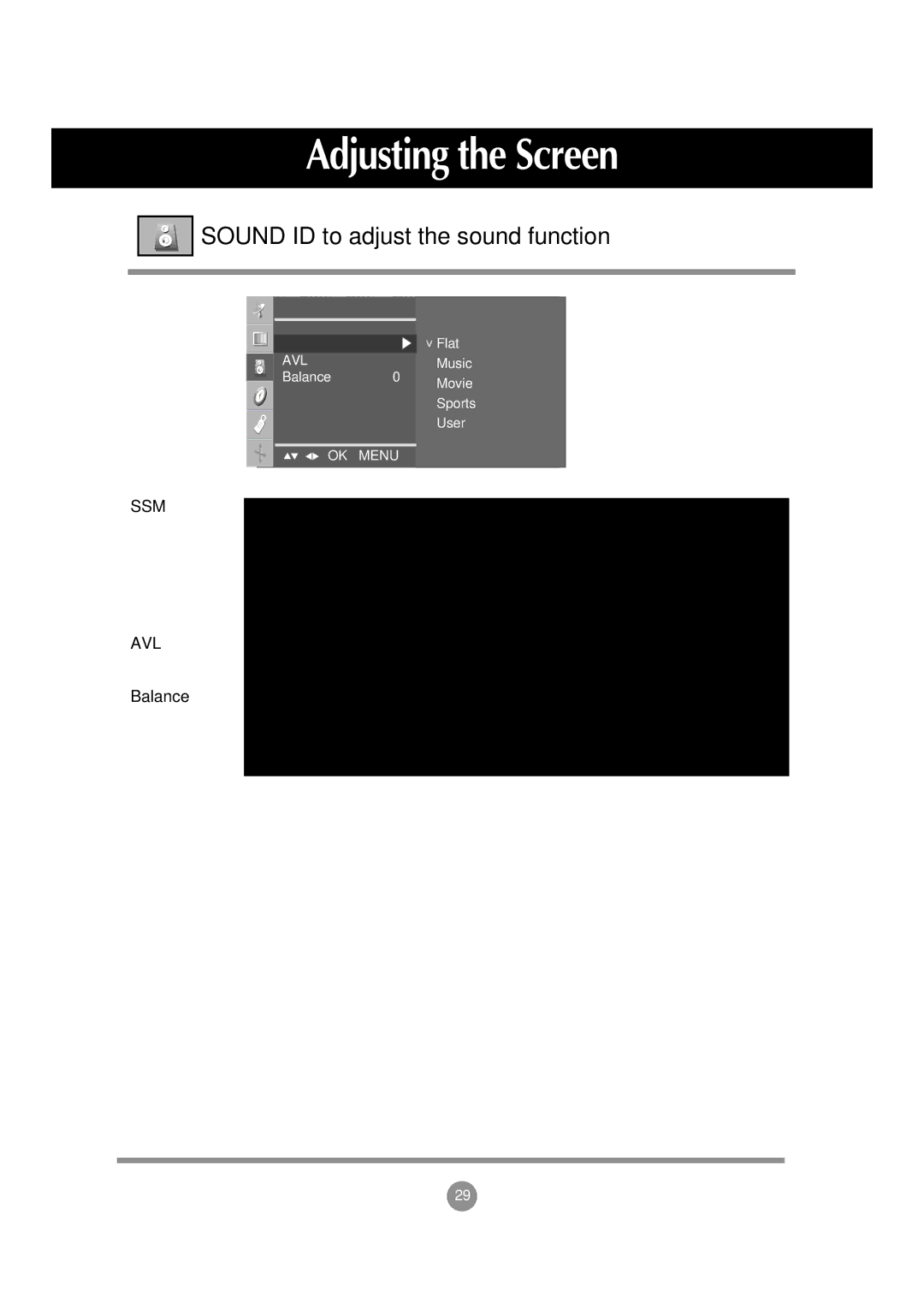 LG Electronics M197WA manual Sound ID to adjust the sound function, Ssm Avl, Balance 