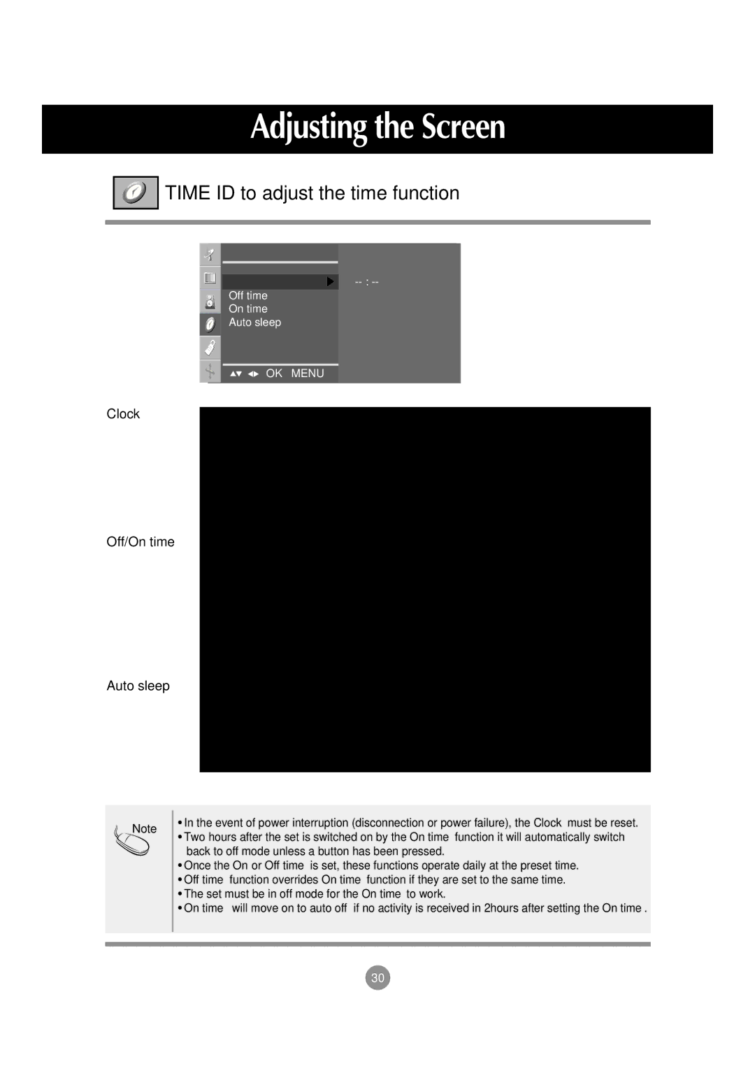 LG Electronics M197WA manual Time ID to adjust the time function, Clock Off/On time Auto sleep 