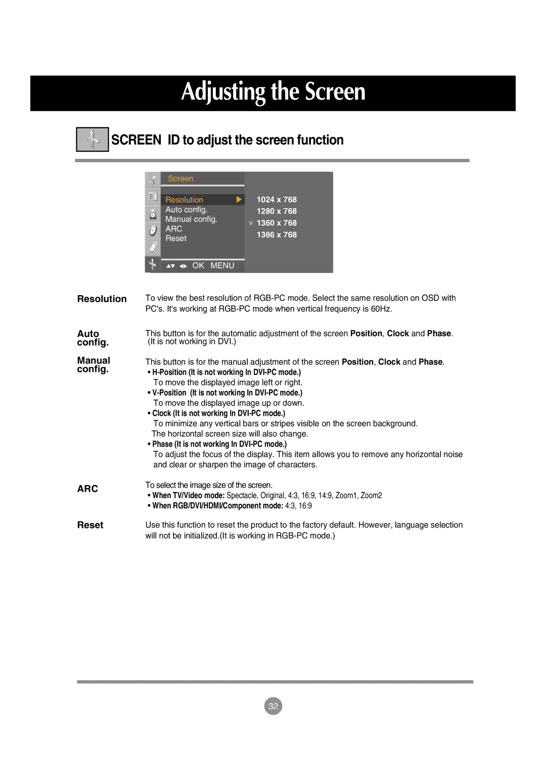 LG Electronics M197WA manual Screen ID to adjust the screen function, Resolution Auto config Manual config, Reset 