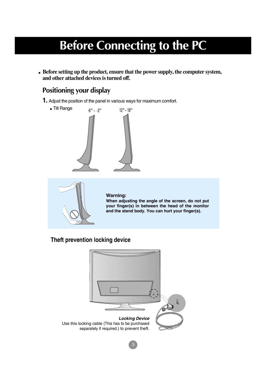 LG Electronics M197WA manual Positioning your display 