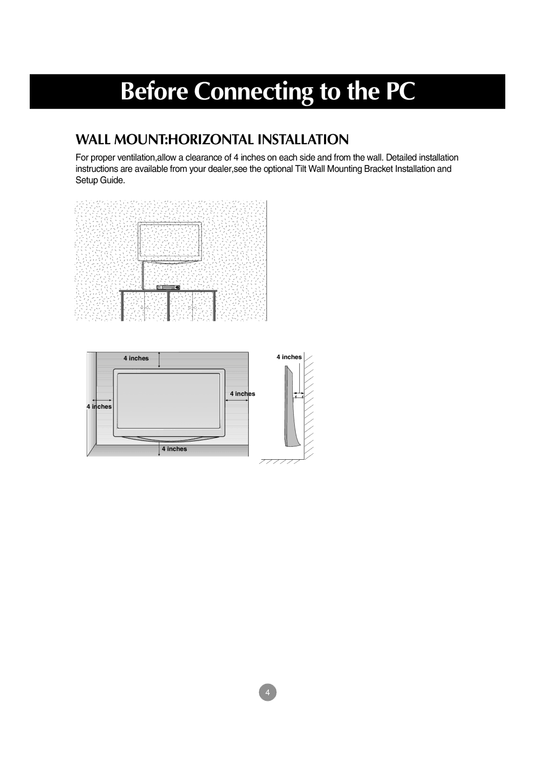 LG Electronics M197WA manual Wall Mounthorizontal Installation 