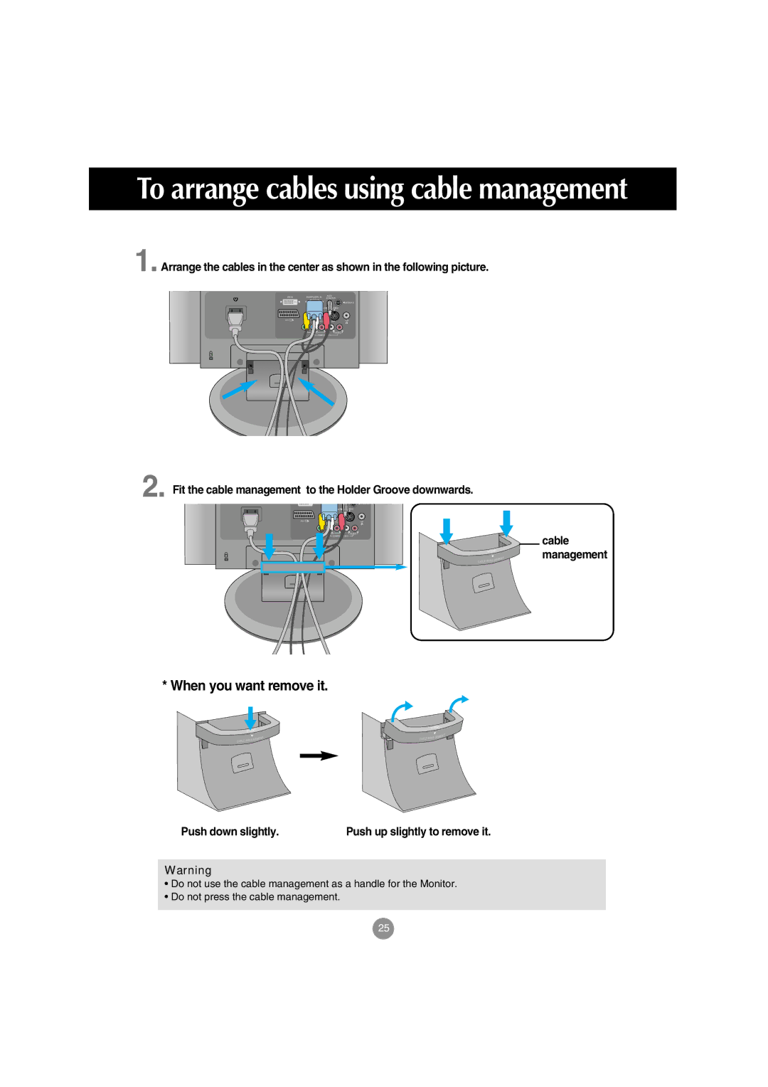 LG Electronics M198WA manual Fit the cable management to the Holder Groove downwards, Push down slightly, Cable management 