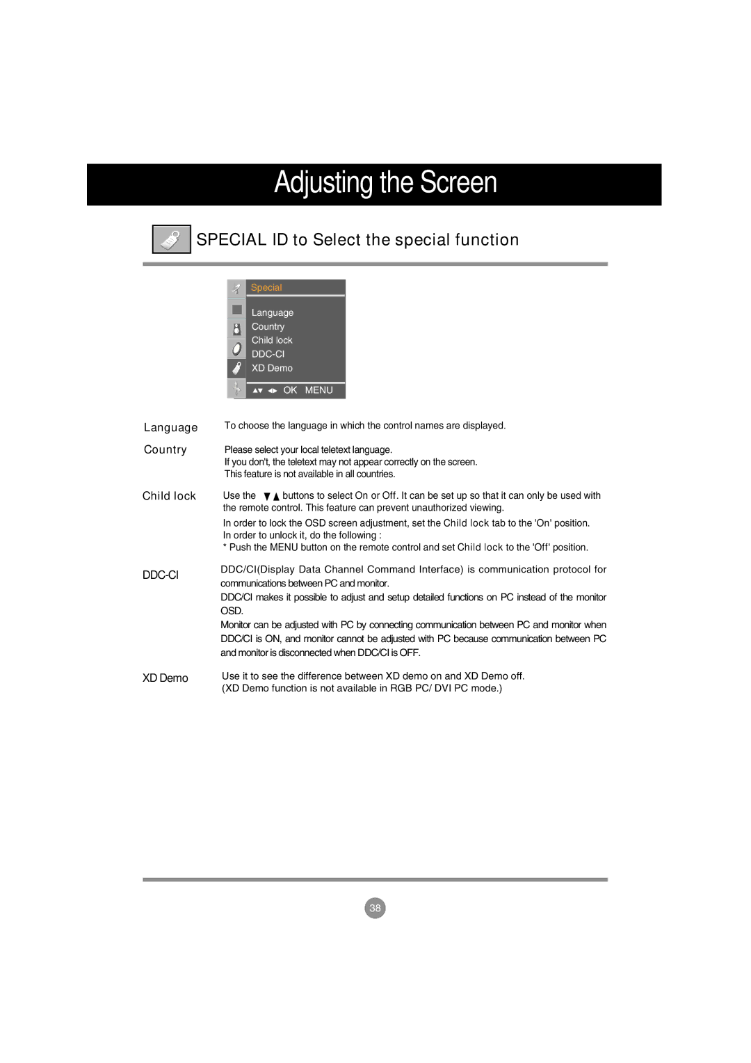 LG Electronics M228WA, M208WA manual Special ID to Select the special function, Language Country Child lock, Ddc-Ci, XD Demo 