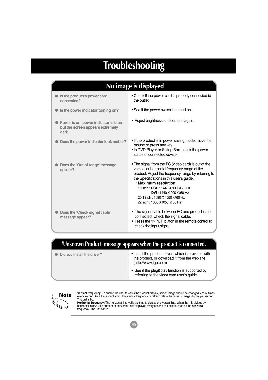 LG Electronics M198WA, M228WA, M208WA manual Troubleshooting, Maximum resolution 