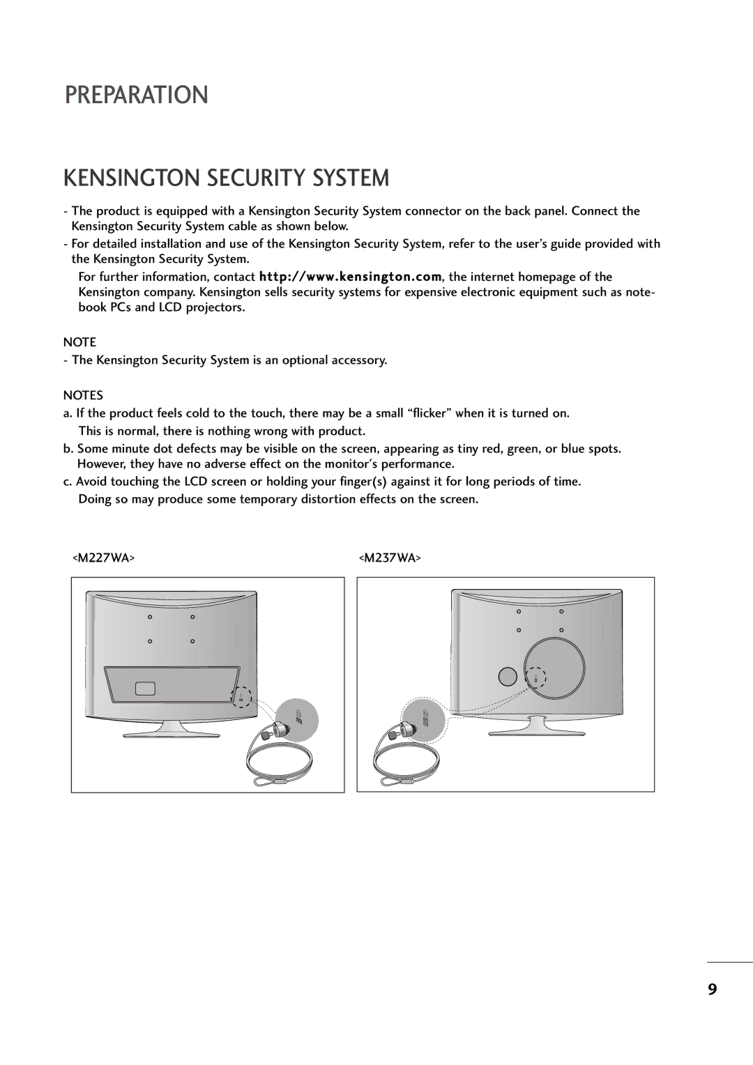 LG Electronics M237WA, M227WA owner manual Kensington Security System 