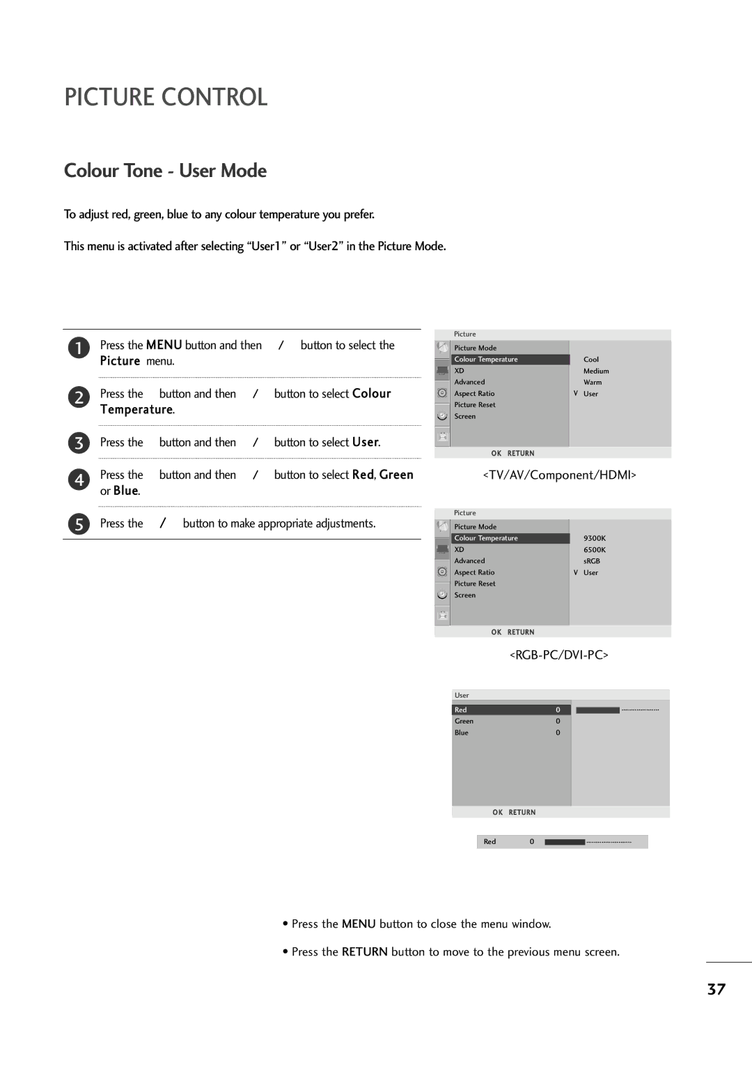 LG Electronics M237WA, M227WA owner manual Colour Tone User Mode 