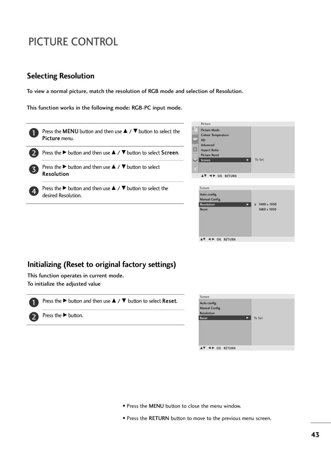 LG Electronics M237WA, M227WA owner manual Selecting Resolution, Initializing Reset to original factory settings 