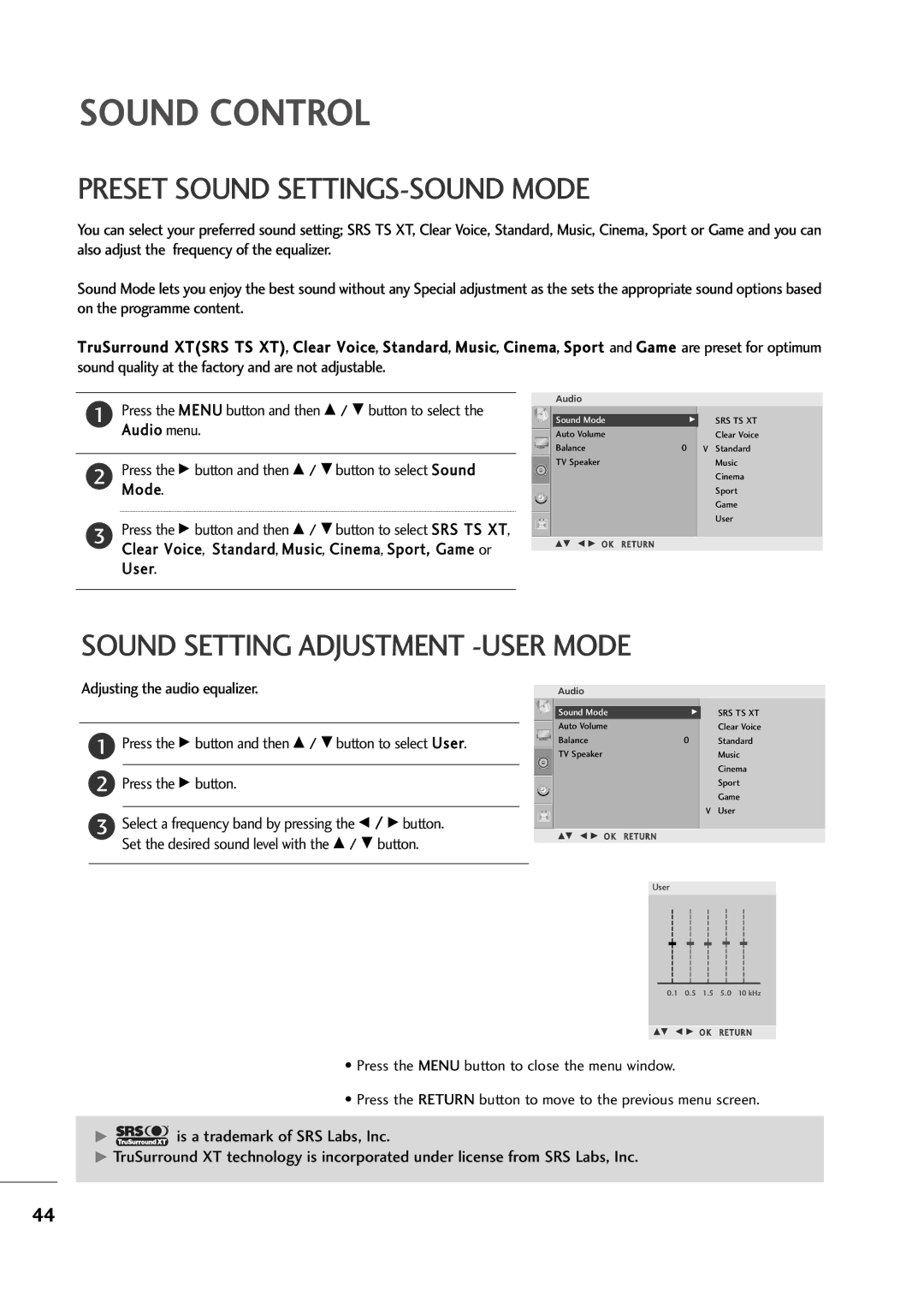 LG Electronics M227WA, M237WA owner manual Preset Sound SETTINGS-SOUND Mode, Sound Setting Adjustment -USER Mode 