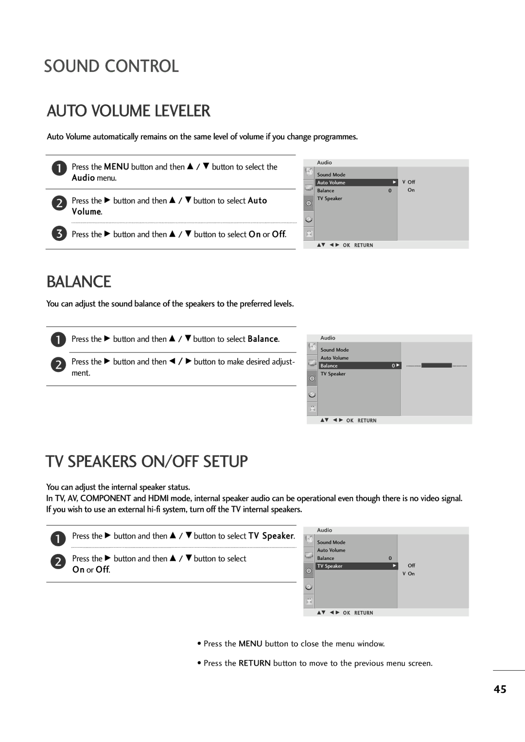 LG Electronics M237WA, M227WA owner manual Auto Volume Leveler, Balance, TV Speakers ON/OFF Setup 