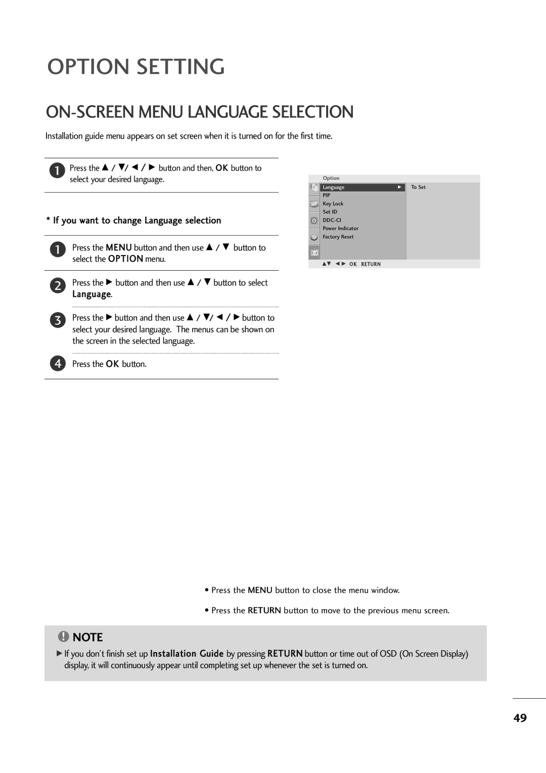 LG Electronics M237WA, M227WA owner manual Option Setting, ON-SCREEN Menu Language Selection 