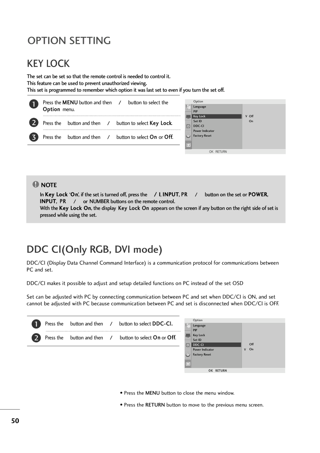 LG Electronics M227WA, M237WA owner manual Option Setting, KEY Lock 