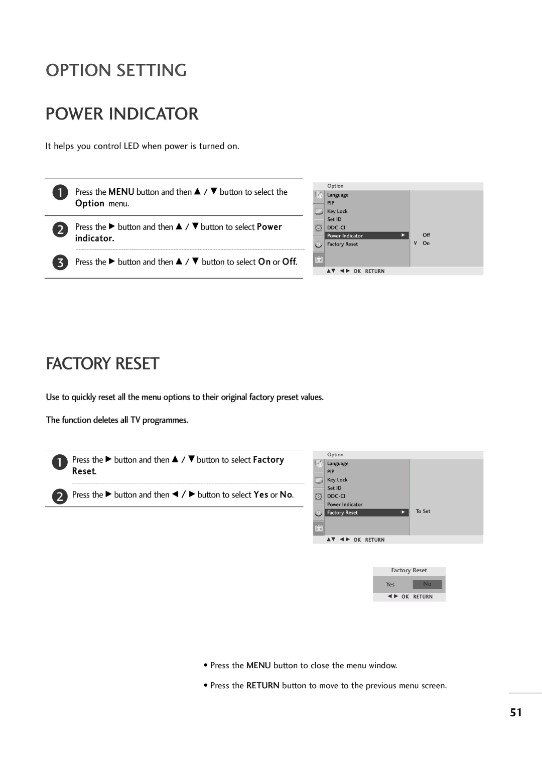 LG Electronics M237WA, M227WA owner manual Power Indicator, Factory Reset 