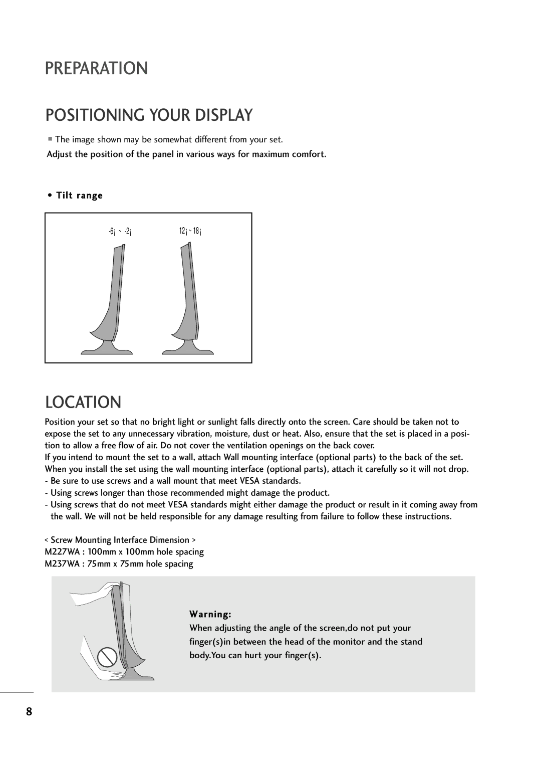 LG Electronics M227WA, M237WA owner manual Positioning Your Display, Location 