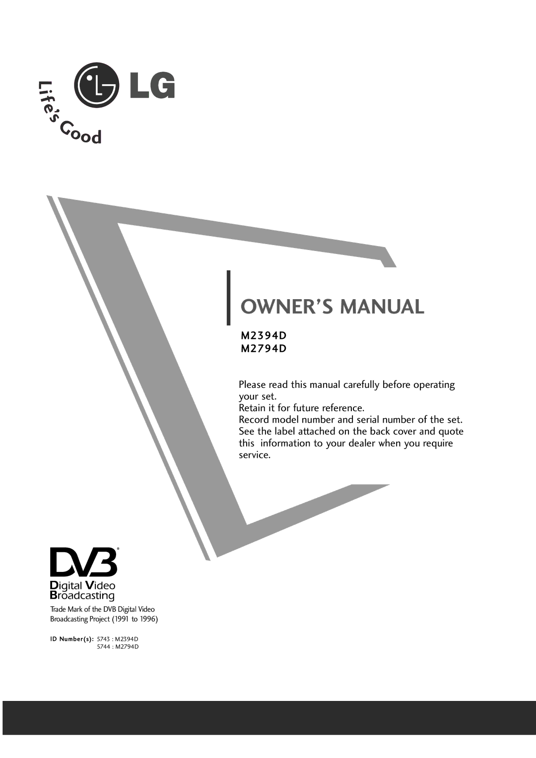 LG Electronics owner manual ID Numbers 5743 M2394D 5744 M2794D 