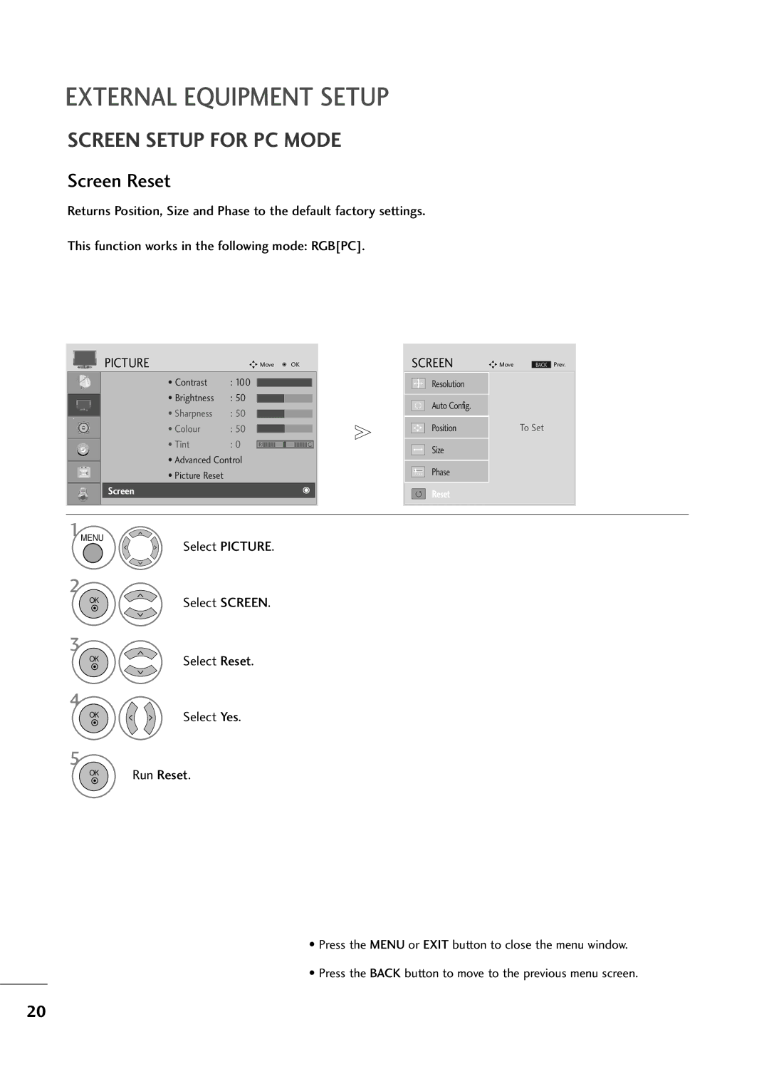 LG Electronics M2794D, M2394D owner manual Screen Setup for PC Mode, Select Picture 