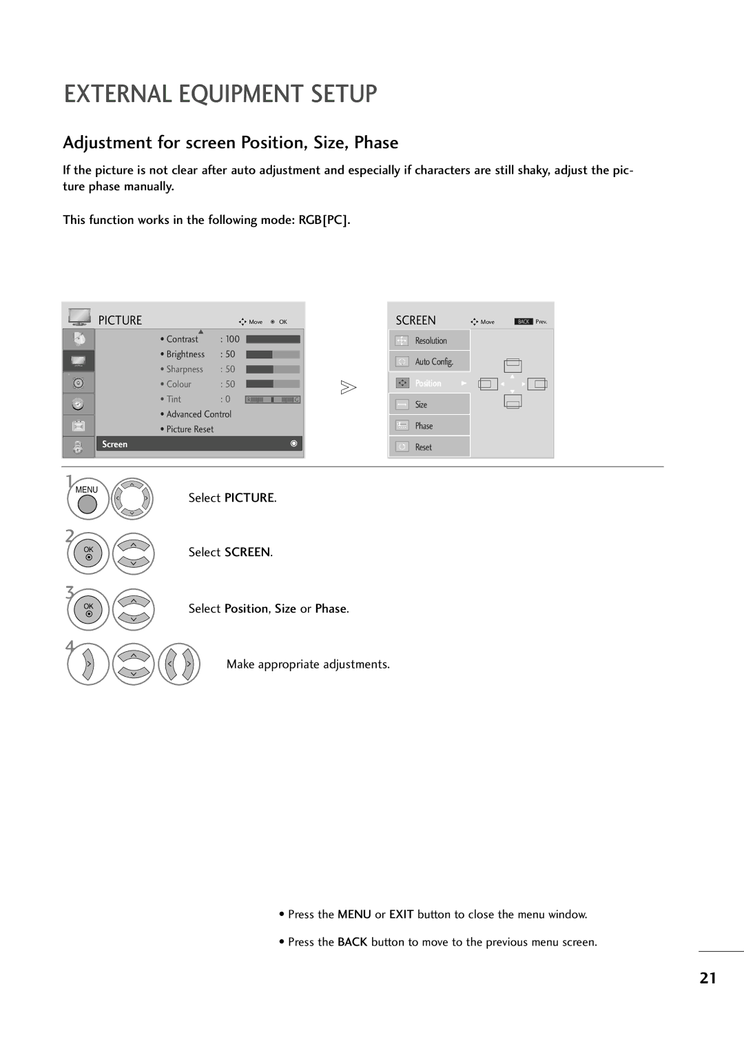 LG Electronics M2394D, M2794D owner manual Adjustment for screen Position, Size, Phase 