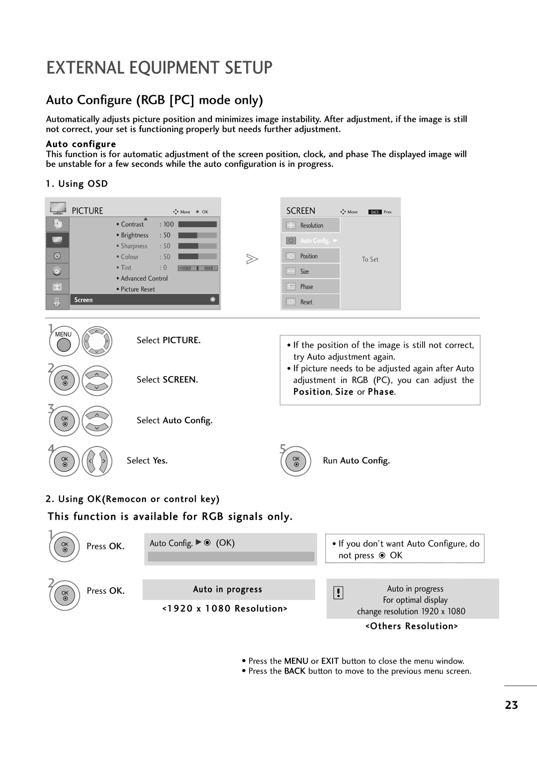 LG Electronics M2394D, M2794D owner manual Auto Configure RGB PC mode only, Others Resolution 