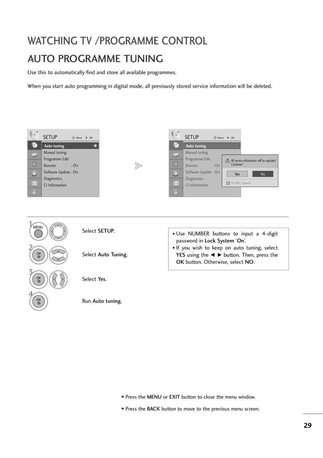 LG Electronics M2394D, M2794D owner manual Auto Programme Tuning, Select Setup 