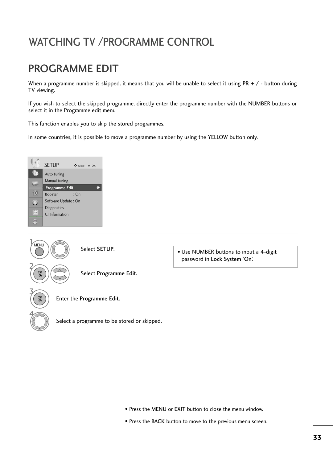 LG Electronics M2394D, M2794D owner manual Programme Edit, Select a programme to be stored or skipped 